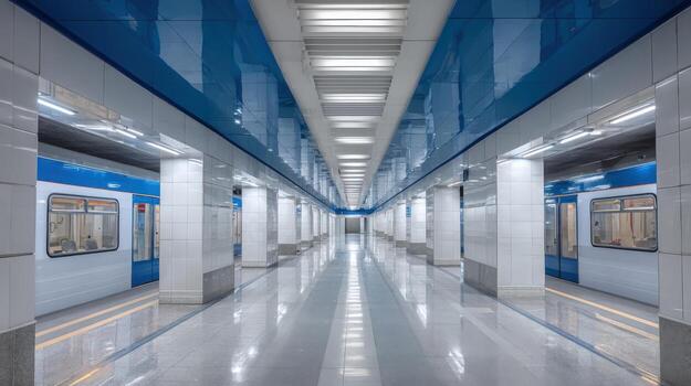 Modern Subway Station Platform with Train Cars and Sleek Design Elements for Transit Advertising photo