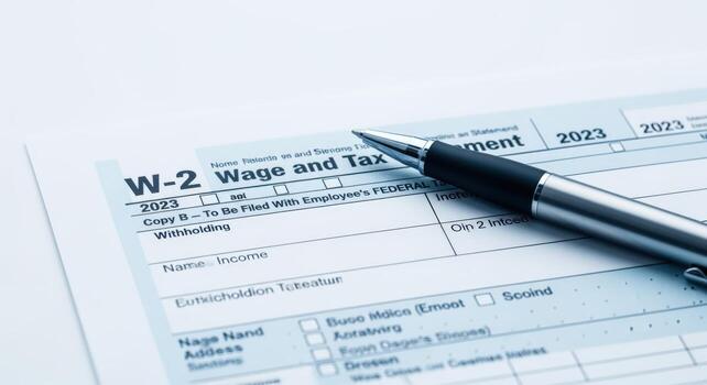 W-2 Tax Form 2023 with Pen for Filing Taxes, Document Preparation, and Financial Planning on White Background photo