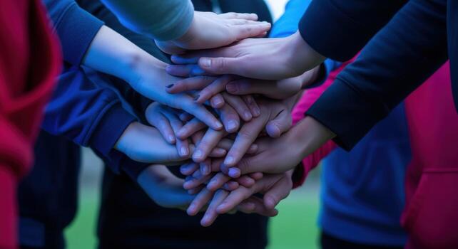 Diverse hands together as a symbol of unity, collaboration, and support in a team setting photo
