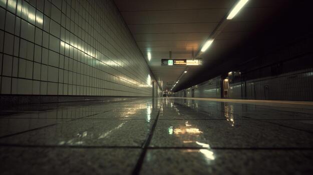 Eerily Lit Subway Platform Perspective with Reflected Lights on Tiled Floor During Evening Hours photo