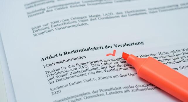 Legal Document Marked with Highlighter Emphasizing Compliance and Verification in Official Paperwork, Highlighting Article 6 with Focus on Legality photo