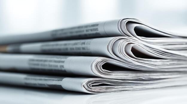 Stack of Folded Newspapers Close-Up Daily News, Media, and Information Concept photo