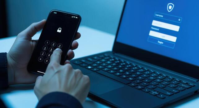 Secure access using a phone for two-factor authentication to a laptop login page for security purposes photo