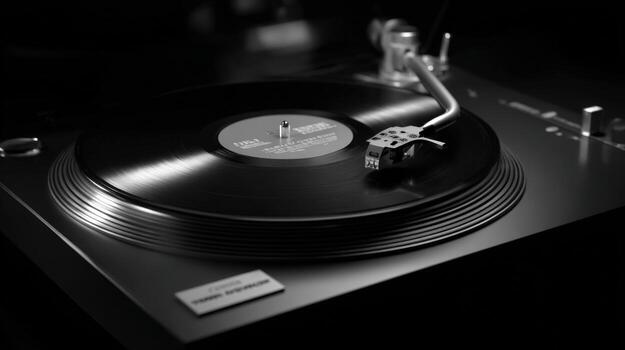 Monochrome Vinyl Record Player Close-up of a Retro Audio System in Dark Ambiance photo