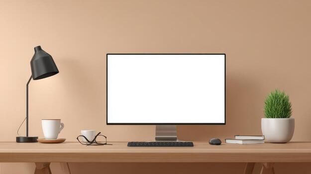 Modern Workspace Mockup with Blank Computer Screen, Minimalist Desk Setup for Business and Design Concepts photo