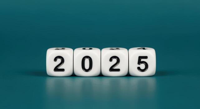Symbolic 2025 Year Displayed on White Dice Against Teal Background Representing Future Goals and Achievements photo
