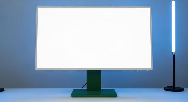 Modern Mockup Blank Computer Monitor Display on Desk for Creative Digital Content photo