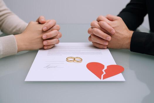 Divorce Agreement Document with Wedding Rings and Broken Heart Symbolizing Relationship Breakdown and Separation photo