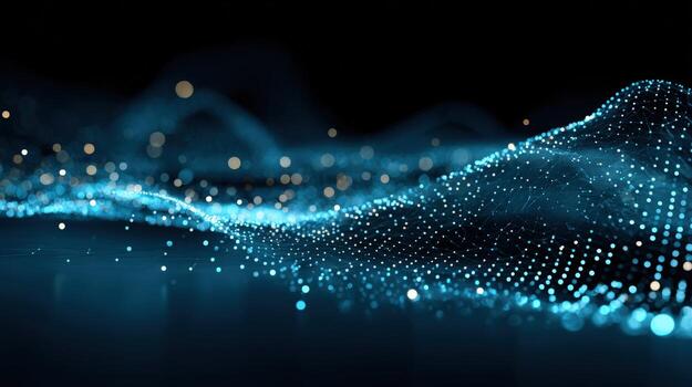 resumen digital forma de onda con brillante partículas fluido en azul tonos para tecnología y innovación antecedentes foto