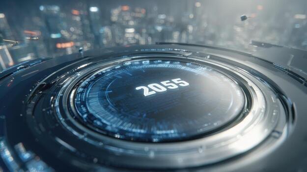 Futuristic Cityscape Displaying Year 2055, Featuring High-Tech Interface and Urban Panorama, Ideal for Science Fiction Concepts photo