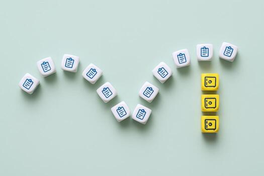 Document Workflow Security Concept White Cubes with Checklist Icon Lead to Secure Yellow Safes on Green Background photo