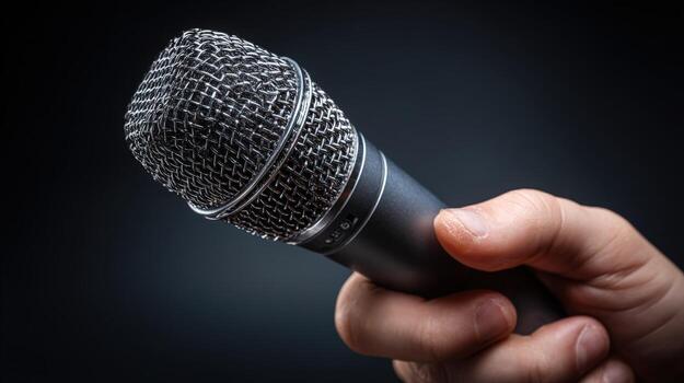 Microphone in Hand Ready for Performance or Recording in Studio Setting with Dark Background photo