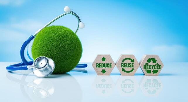 Healthcare Sustainability Concept Stethoscope with Green Globe and Reduce, Reuse, Recycle Icons photo