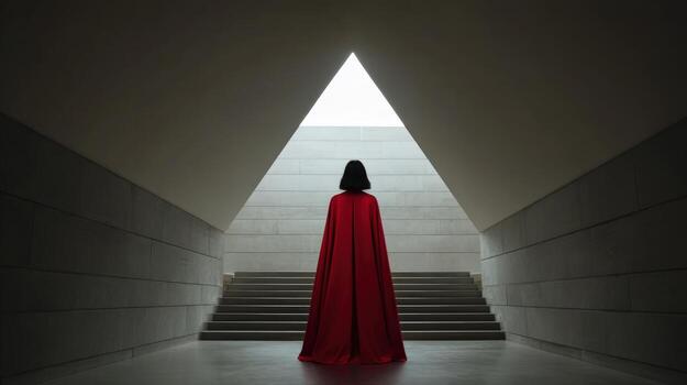mujer en rojo capa caminando hacia ligero a el final de túnel - conceptual viaje foto