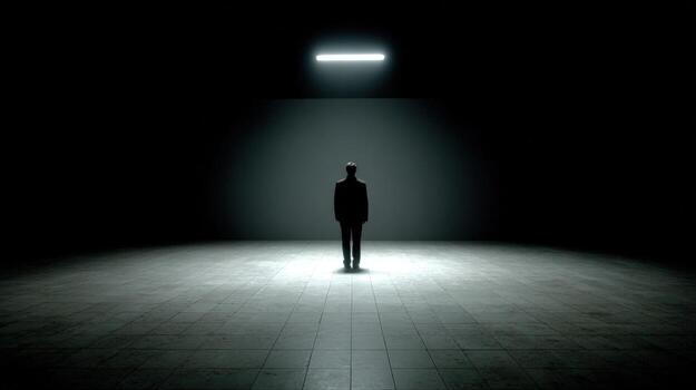 Figure Stands in Spotlight Silhouette of a Person Contemplating Choice in a Dark, Empty Room photo