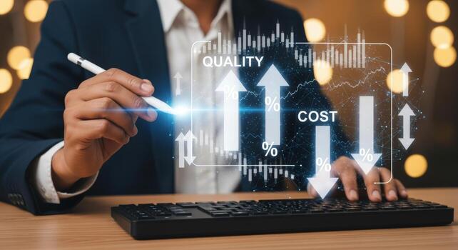 Business Growth Strategy Achieving Quality Improvement and Cost Reduction with Technology, Represented by Arrows and Data photo