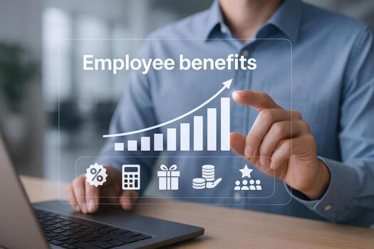 Employee Benefits Concept Man Interacts with Digital Interface Displaying Growth Chart and Benefits Icons photo