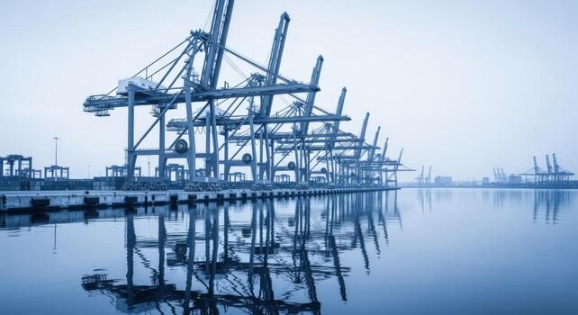 Container Port Cranes Reflecting in Calm Water - Global Trade and Logistics Infrastructure photo