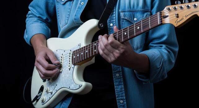 Guitarist Playing Electric Guitar in Studio Close-Up of Instrument, Strings, and Musicians Hands photo