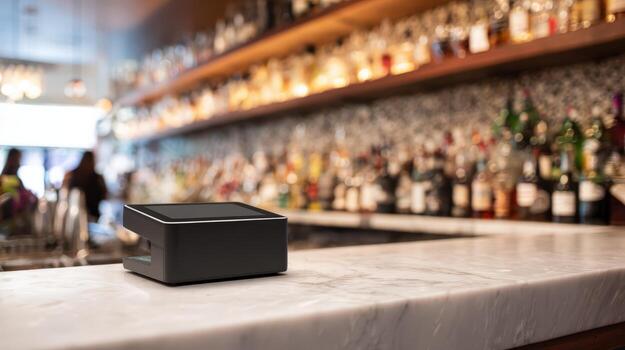 Compact POS Terminal on Marble Countertop in a Bar Setting for Streamlined Transactions photo