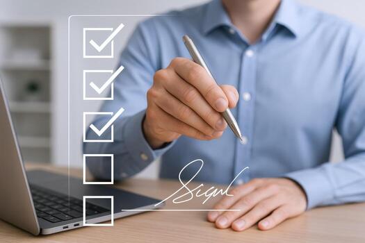 Business Man Completing Online Form with Digital Signature, Marking Checklist Items with Laptop on Desk photo