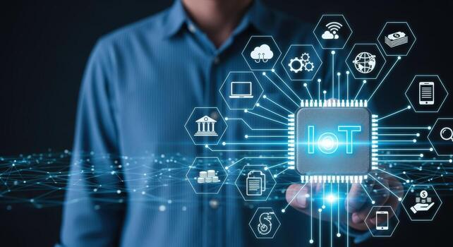 Man Presenting Internet of Things Technology Concept with Connected Icons, Cloud Computing and Data Transmission photo