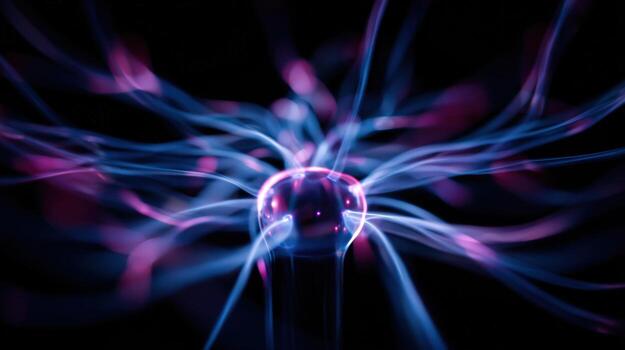 Plasma Ball Close-Up Electric Discharge, Science Experiment, Futuristic Technology and Plasma Effect on Black Background photo