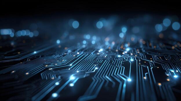 Abstract Circuit Board with Glowing Lights Representing Futuristic Technology and Connectivity Concepts photo