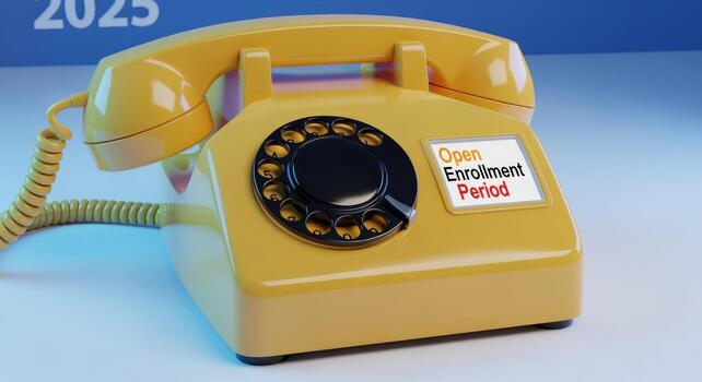 Retro Yellow Rotary Telephone Displaying Open Enrollment Period for 2023 Health Insurance Choices photo