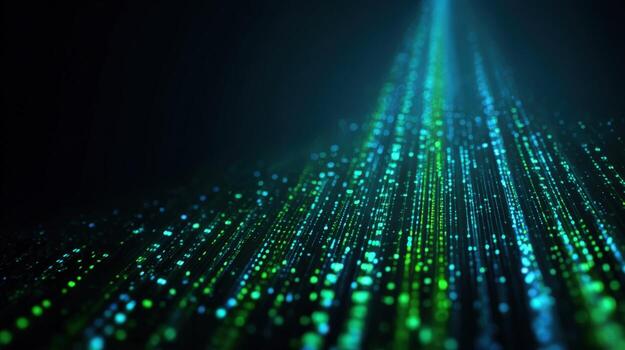 Abstract Data Stream Visualization with Green and Blue Light Streaks on a Dark Background photo