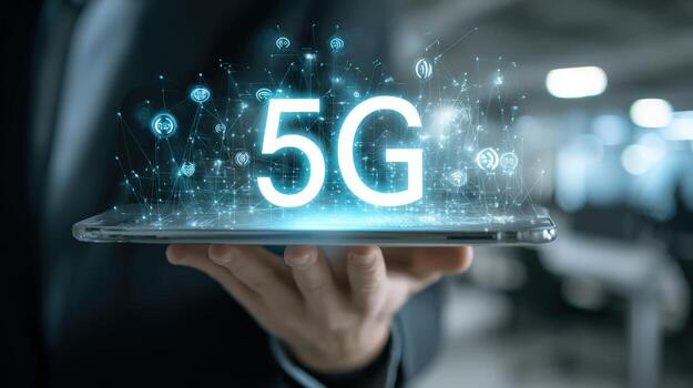 Man Holding Smartphone Displaying 5G Network Technology with Abstract Data Transfer, Connectivity and High Speed Concept photo