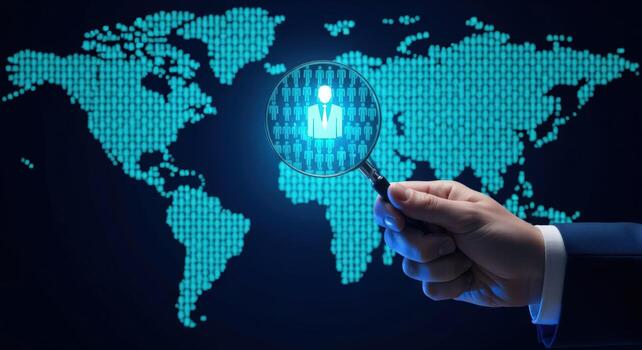 Global Recruitment Concept Hand Holding Magnifying Glass Over World Map Interface Displaying Candidate photo