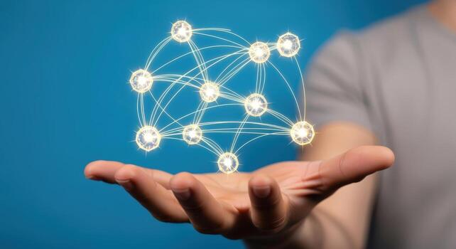 Person Presenting an Abstract Network Illustration Symbolizing Global Connectivity and Technological Advancement on Blue Background photo