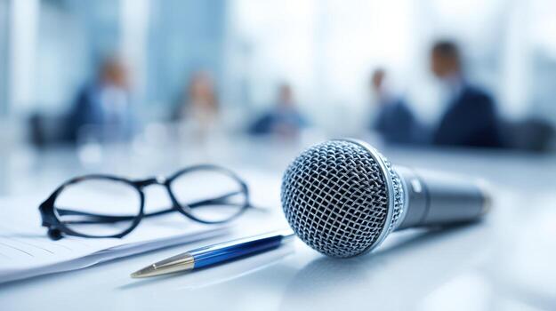 Microphone on table with pen and glasses in a conference room setting, business meeting photo
