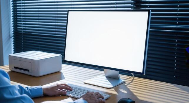 Office Workspace Mockup with Blank Computer Screen, Person Typing, and Printer by Window Blinds photo