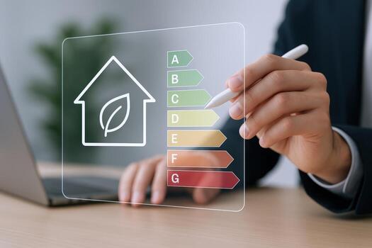 Energy Efficiency Analysis Man Analyzing Home Energy Performance Grades with Stylus on Digital Interface photo