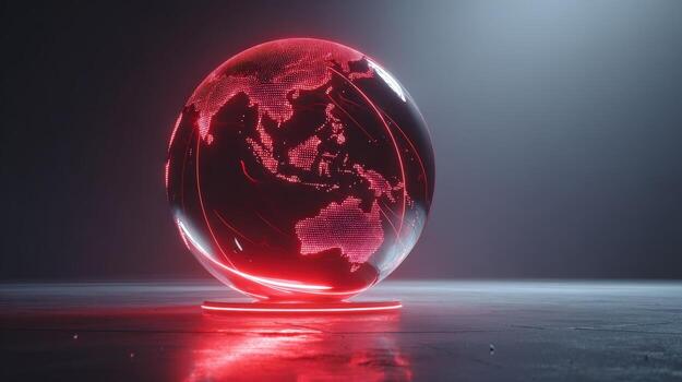 Global Digitalization Concept Red Holographic Globe Displaying Asia, Australia, and the Pacific on a Modern Stand photo