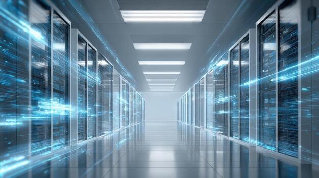 Data Center Server Room with Futuristic Blue Light Streaks, Modern Infrastructure and Technology Concept photo