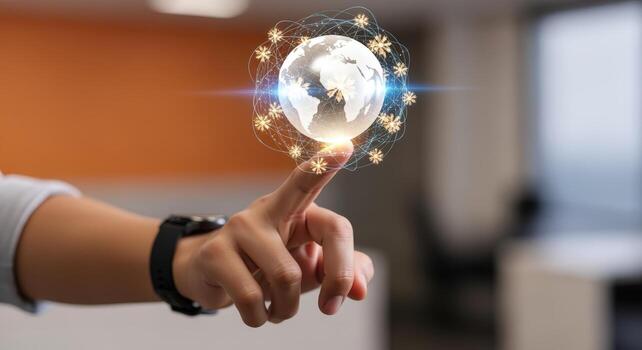 Global Connection Concept Finger Touching Holographic Earth, Representing Technology, Communication, and Innovation in Modern Business photo