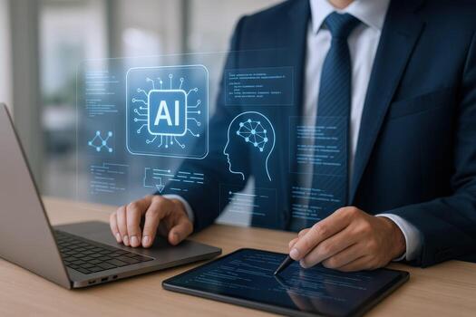 Businessman Analyzing Artificial Intelligence Data on Laptop and Tablet for Business Strategy and Development photo