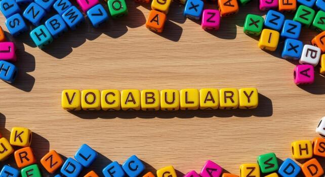 Vocabulary Learning Concept with Colorful Alphabet Blocks on a Wood Background for Educational Resources photo