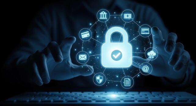 Data Security Concept Person Protecting Digital Information with Padlock and Icons for Privacy and Cyber Safety photo