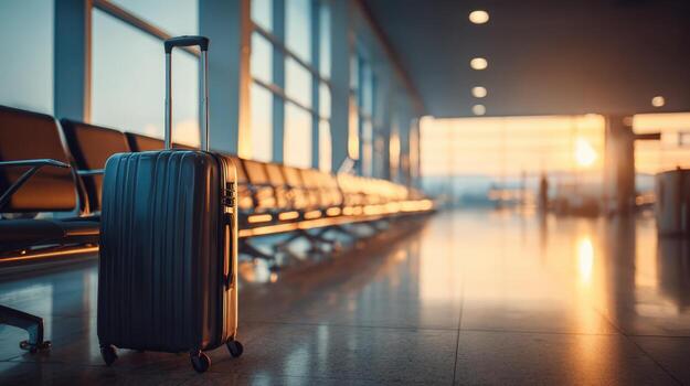 Suitcase in Modern Airport Terminal Waiting Area with Large Windows and Empty Seats, Travel Concept photo