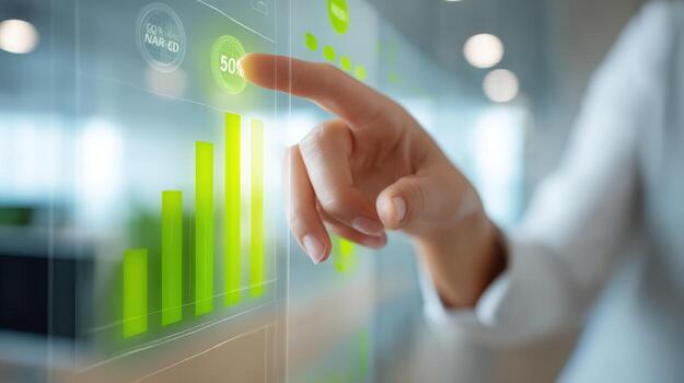 Person Interacting with Green Energy Data Visualization on Transparent Screen, Showing Sustainability Metrics photo