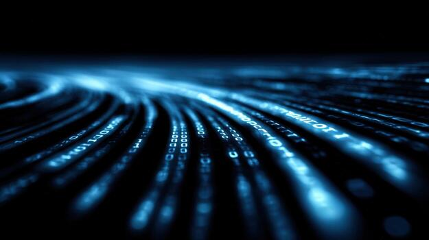 Abstract data stream of binary code on a dark background, symbolizing information flow photo