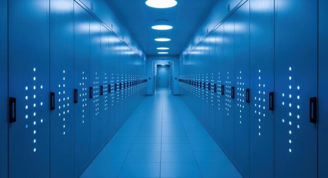 Futuristic Blue Data Center Hallway with Server Racks and Advanced Technology Infrastructure, Offering Scalability photo