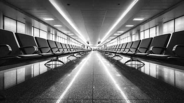 Symmetrical Airport Waiting Area with Rows of Seats, Illuminated Ceiling in Black and White photo
