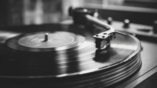 Monochrome Close-Up of a Vinyl Record Player in Operation, Capturing the Essence of Vintage Music photo