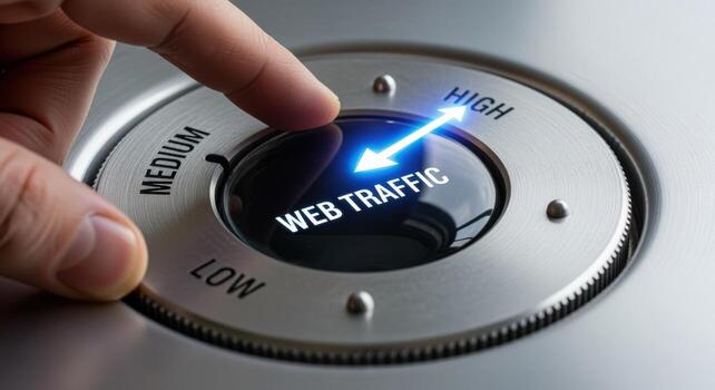 Increasing Web Traffic Concept Finger Turning a Dial to High, Focus on Website Growth photo