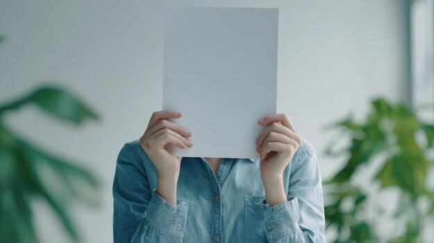 Anonymous Person Holding Blank White Paper Sheet in Front of Face, Copy Space for Message photo